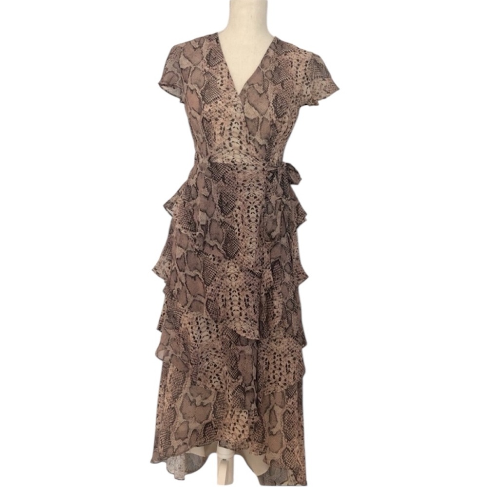 Anthropologie Dress Midi Wrap Ruffle Serpentine Tan Brown NWT Women’s Size XSP